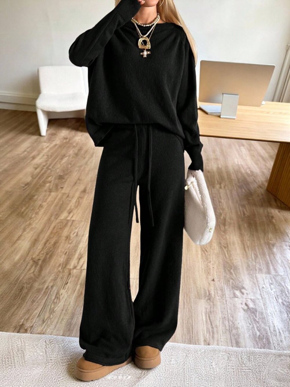 Black Casual Women's Drawstring Rib-Knit Drop Shoulder Long Pants - Picture 4 of 5